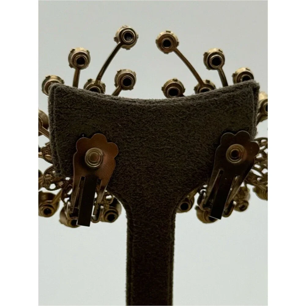 Vintage Floral Cluster Clip-On Earrings - Brown & yellow glass Rhinestones